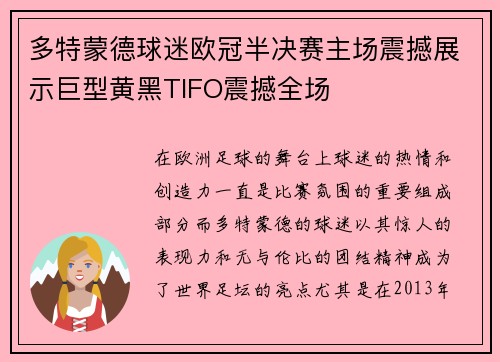 多特蒙德球迷欧冠半决赛主场震撼展示巨型黄黑TIFO震撼全场