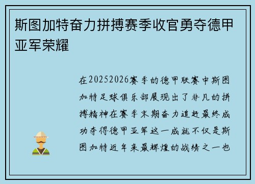 斯图加特奋力拼搏赛季收官勇夺德甲亚军荣耀